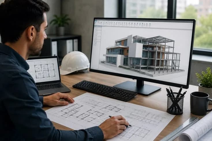 Surveyor producing a desktop reinstatement cost assessment from property records and a 3D building model